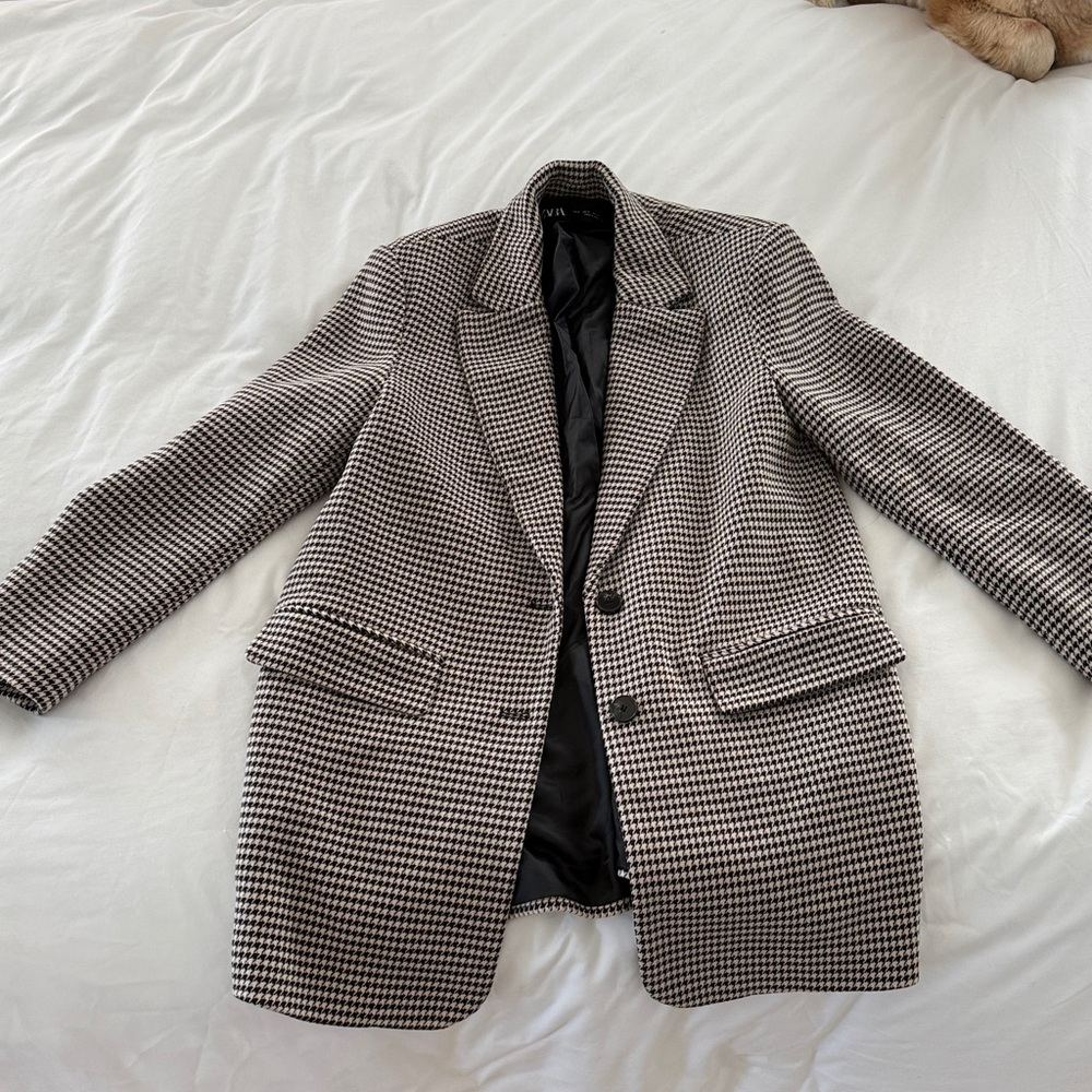 Zara Womens Blazer Size Small Black Cream Houndstooth Jacket